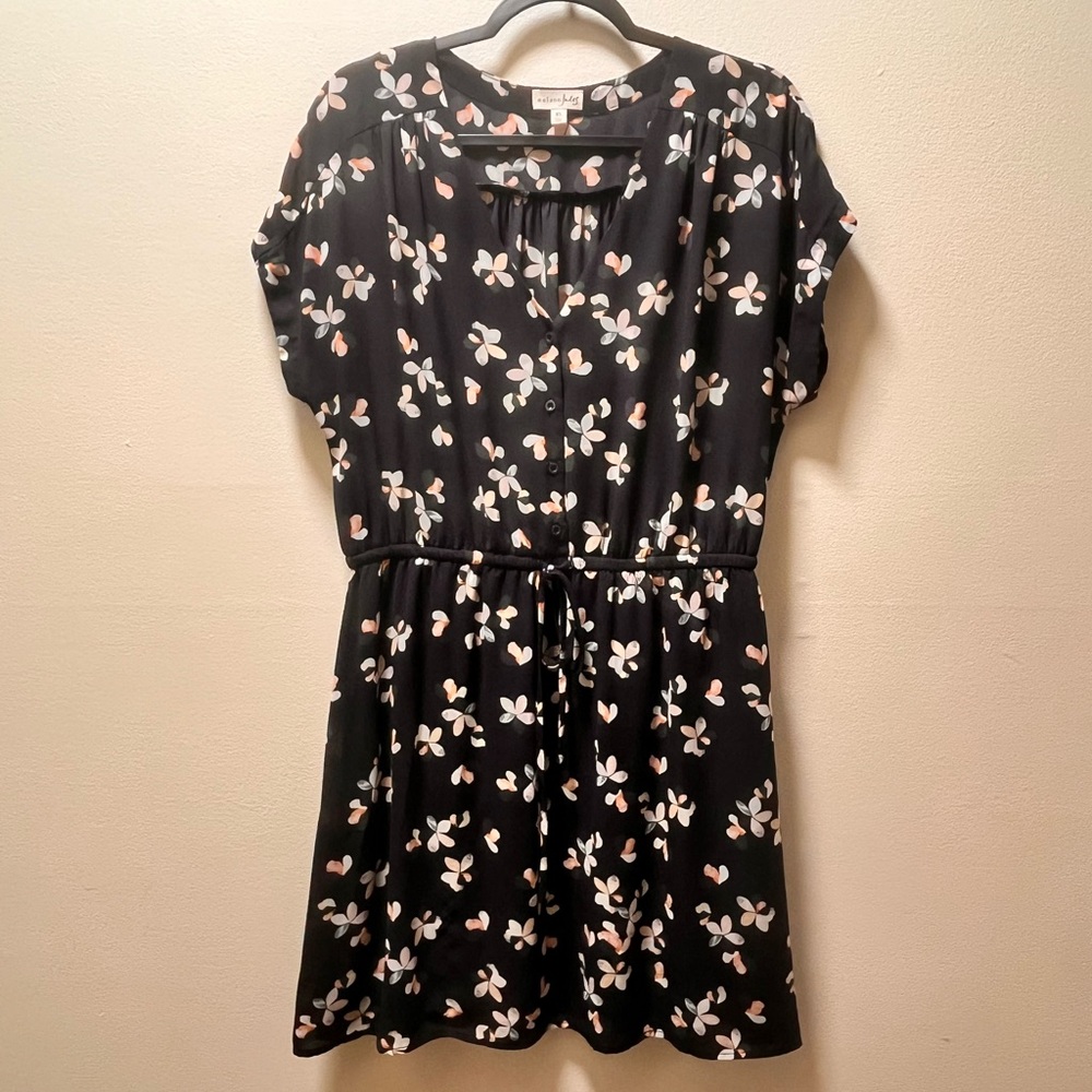 Maison Jules Floral Casual Chic Drawstring Waist Dress, Sz XL, Black & Pattern